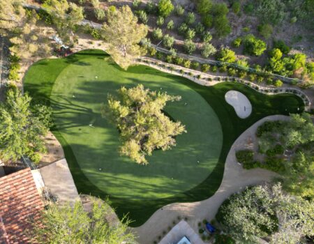 A bird 's eye view of a golf course with trees.