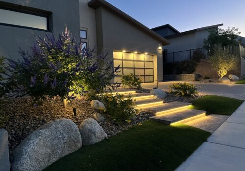 A house with steps and plants in the yard